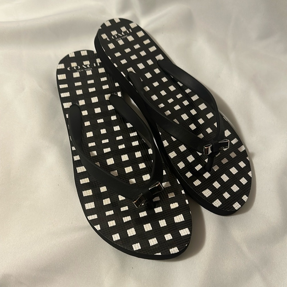Coach Black White Gingham Amel Flip Flops Sandal Size 8 w/Bows